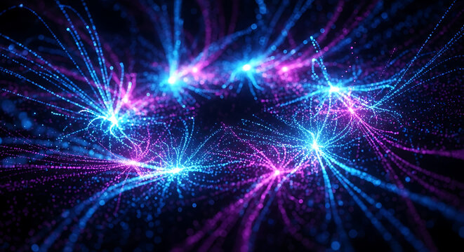 Abstract glowing particles with blue and pink light trails radiating from central points on dark background