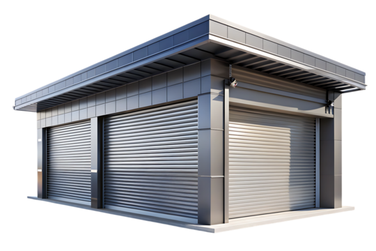 Modern Industrial Building with Roller Doors cutout PNG isolated on a transparent background