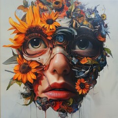 Surreal face with sunflowers and mechanical parts vibrant artistic painting