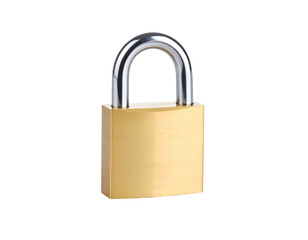 Naklejka premium A shiny brass padlock with a silver shackle, symbolizing security and protection in various contexts.
