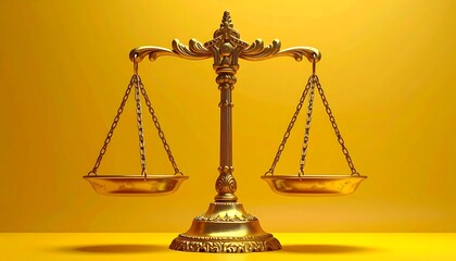 Ornate gold scales of justice on a bright yellow background