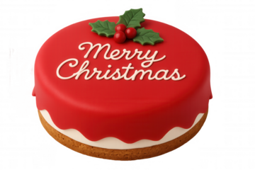 Festive red christmas cake decorated with merry christmas text and traditional holly, ready for holiday celebrations. Transparent background