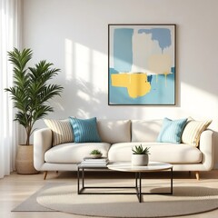 Cozy Interior Decor: A tastefully decorated living room, bathed in sunlight, offers a serene and inviting atmosphere, featuring a comfortable sofa, stylish artwork, and lush greenery.