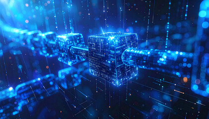 Abstract visualization of interconnected digital cubes forming a luminous chain, illustrating data flow, network infrastructure, and advanced technological concepts