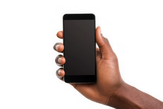 African American hand holding a black smartphone with a dark screen isolated on a transparent background - Powered by Adobe