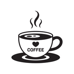 Obraz premium Vector art of a black and white illustration of a steaming cup of coffee with the word coffee and a heart symbol silhouette