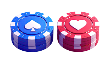 Two poker chips, one blue with a spade, one red with a heart