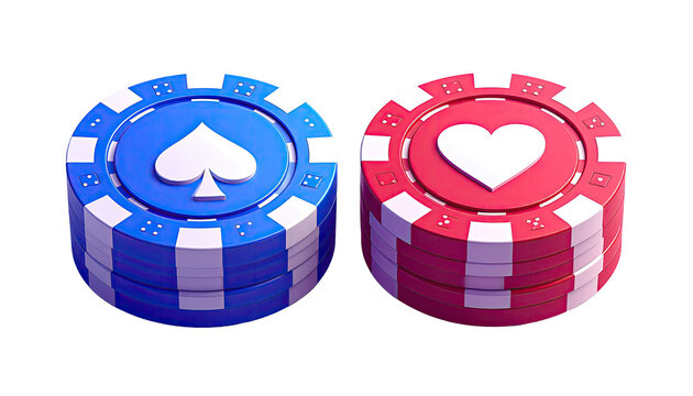 Two poker chips, one blue with a spade, one red with a heart