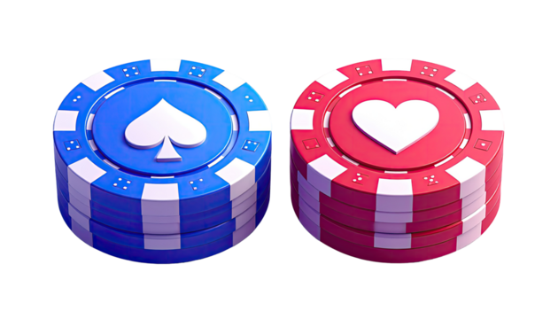 Two poker chips, one blue with a spade, one red with a heart