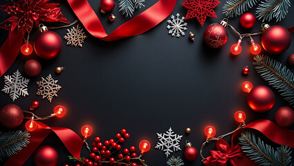 Elegant Christmas Holiday Decoration with Red Ornaments Pine Branches and String Lights for Festive Season Background Concept