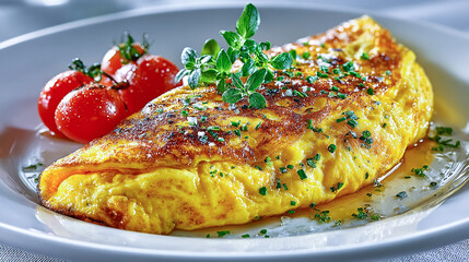 A golden omelet with fresh herbs and cherry tomatoes on a white plate ready to be enjoyed for brunch