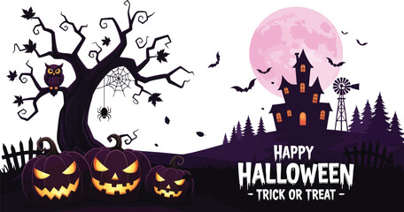 Spooky Halloween night with glowing pumpkins, haunted house, and full moon