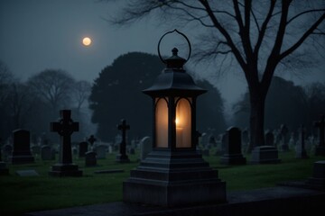 N&auml;chtliche Friedhofsszene mit Laterne und Mondschein