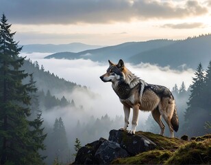 Majestic wolf atop mountain peak