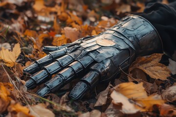 High quality metal gauntlet resting among autumn leaves and dry grass.