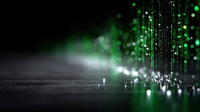 Abstract Green Coding Matrix Technology Background with Bokeh Effects and Streaks of Light on Dark Surface