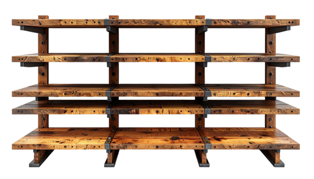 Wooden shelving unit with multiple tiers