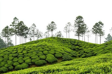 Lush green tea plantation rolling hills with tall trees against white sky image