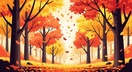 Vibrant Autumn Forest Landscape With Falling Leaves