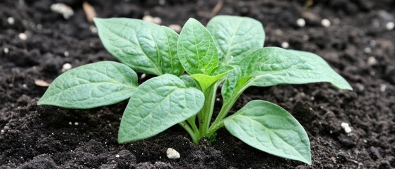 Green seedling emerging from dark soil close up photography