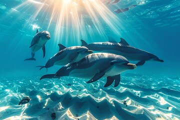 Obraz premium Photorealistic Dolphin in Ocean – Jumping, Swimming, and Sunset Silhouettes