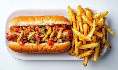 Hot Dog Topped With Salsa and Mustard With Fries