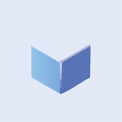 Isometric illustration featuring a stylized book with a light blue and dark blue scheme
