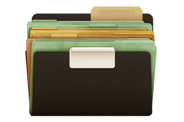 PNG set of office documents, such as a long black and brown file folder from the paper company with a white label on the front cover, green paper covers, and beige and yellow-colored pages