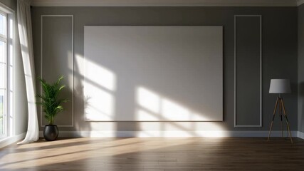Sunlight moving across an empty room with a large blank canvas, plant, and lamp, showing architectural interior design footage.