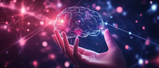 Human brain in hand digital rendering neural network science concept