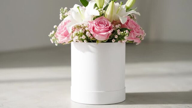 Pink Roses and Lilies in White Gift Box - A beautiful arrangement of pink roses and white lilies sits in a cylindrical white gift box.