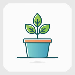 Minimalist Iconography of a Sprouting Plant in a Turquoise Pot Against a White Background
