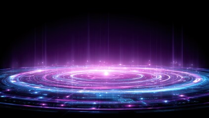 A swirling, futuristic, circular display of vibrant purple and blue glowing lines, creating a dynamic and technological scene.