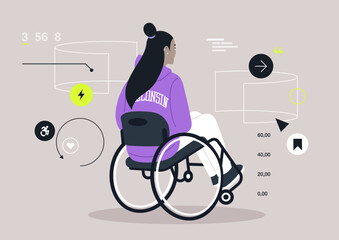 A creative scene captures a wheelchair user surrounded by futuristic screens displaying data and icons, merging technology with daily life in an imaginative environment