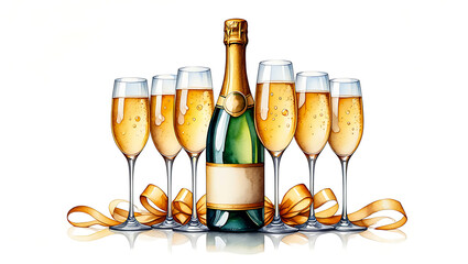 Festive Celebration with Champagne Bottle and Flutes for New Years Eve or Special Occasion Watercolor Illustration