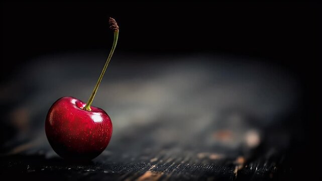 Close-up of a single cherry on dark wood