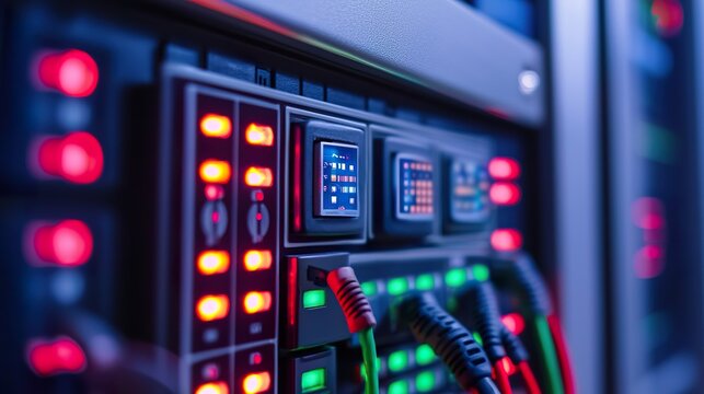 Smart home energy optimization system control panel, glowing buttons, intricate wiring, energy flow. 