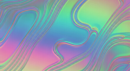Iridescent flowing liquid with wavy lines and a gradient from green to pink and blue hues abstract art