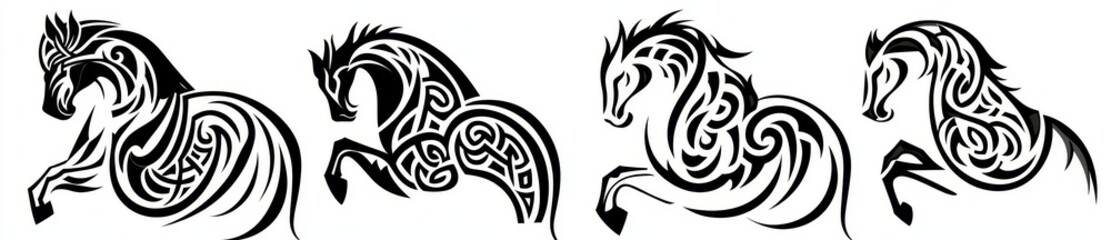A contemporary set of Celtic horses in silhouette form, isolated on a white background, as depicted in a modern illustration