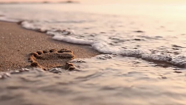 Footprints In Wet Sand Erased By Waves At Pastel Sunset