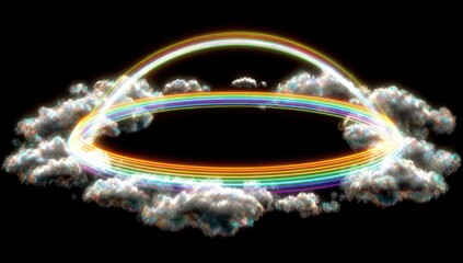 A vibrant, multicolored circular rainbow halo rests above ethereal clouds against a dark backdrop.