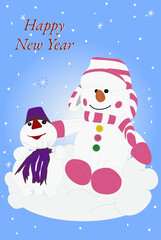 Postcard Two snowmen on a winter Christmas day on a blue background.