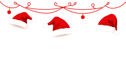 Festive red Santa hats and ornaments hang from a whimsical red string, creating a cheerful Christmas border.