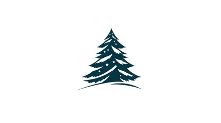 Stylized illustration of a dark blue Christmas tree with white decorations on a white background.