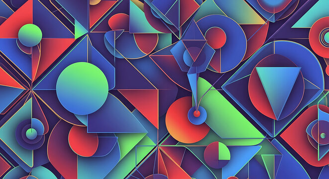 Geometric abstraction featuring triangles circles squares in blue green red and purple tones