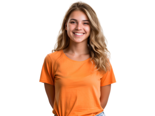 a realistic happy brazilian woman wearing an orange t-shirt and jeans, with long blonde hair, smiling while standing in front of the camera on transparent background.