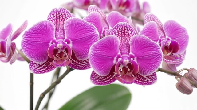 Vibrant pink orchids with delicate patterns and buds against a white background.
