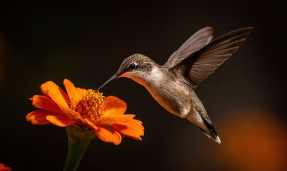 Fototapeta premium Hummingbird Feeding on Orange Zinnia Flower in Natural Light.