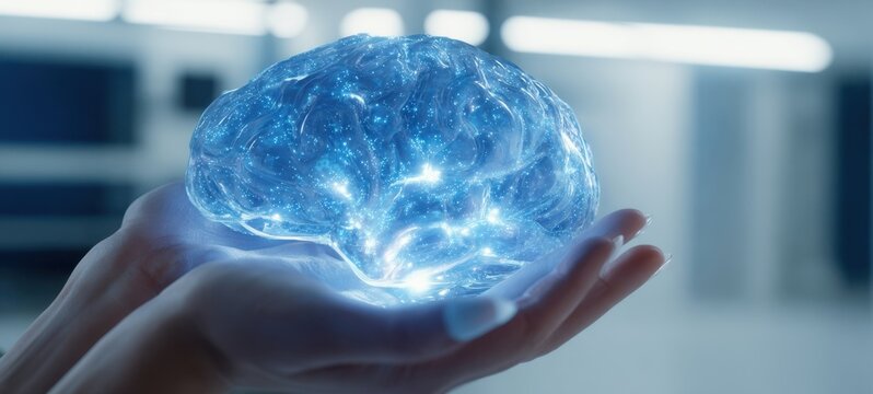 The futuristic brain held in hands representing technology and innovation.