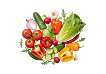 Vibrant raw vegetables: tomatoes, cucumber, peppers, romaine, salt, water, flat lay on transparent, macro photography, gourmet healthy food